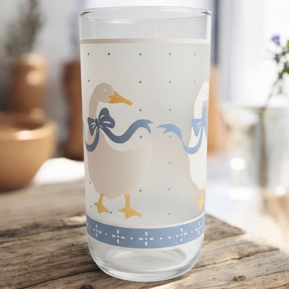 Set 4 Libby Frosted Drinking Glasses Cottagecore Goose Duck Blue Ribbons VTG 6" - Picture 6 of 13